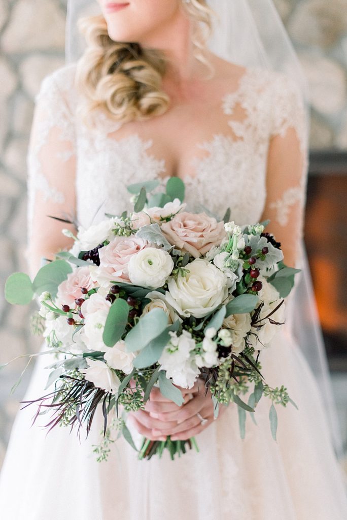 pink white and green bridal bouquet