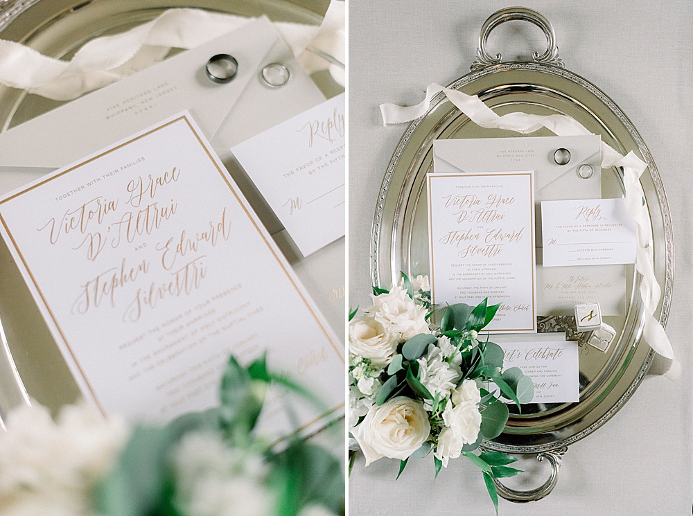 wedding invitation suite on silver tray