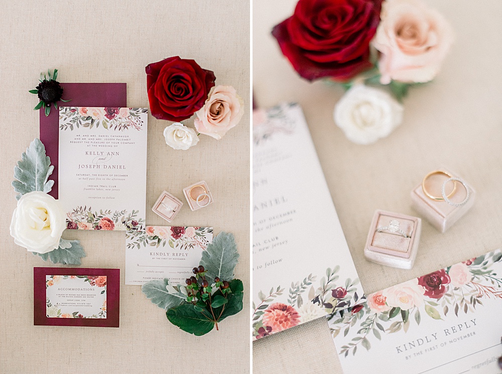 green and burgundy invitation suite