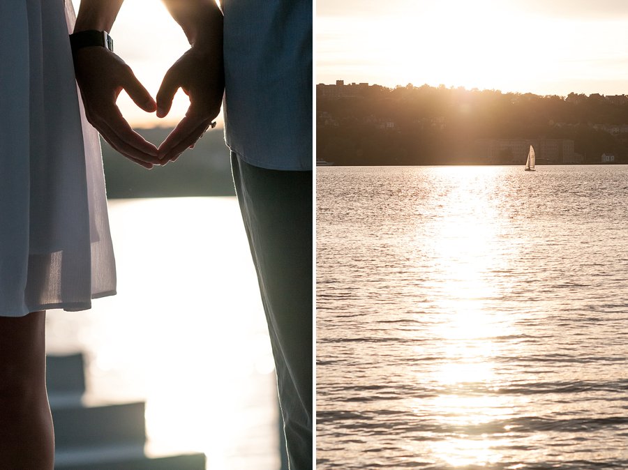 © Nicole D Photography | Sunset engagement with sailboat and heart-shaped hands